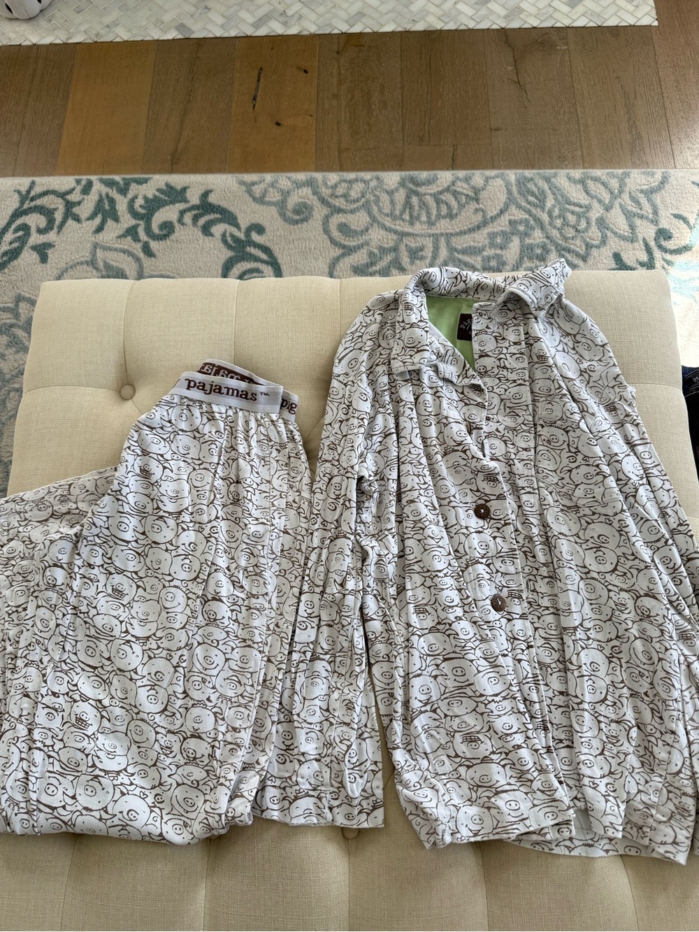 White pig Pajama Set - Button Front Top and Elastic Waist Pants